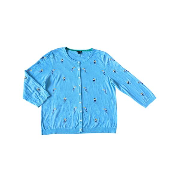 NWOT Talbots Crew Neck Cardigan Womens XL Blue Cotton Embroidered Toucan Coastal - Picture 1 of 7